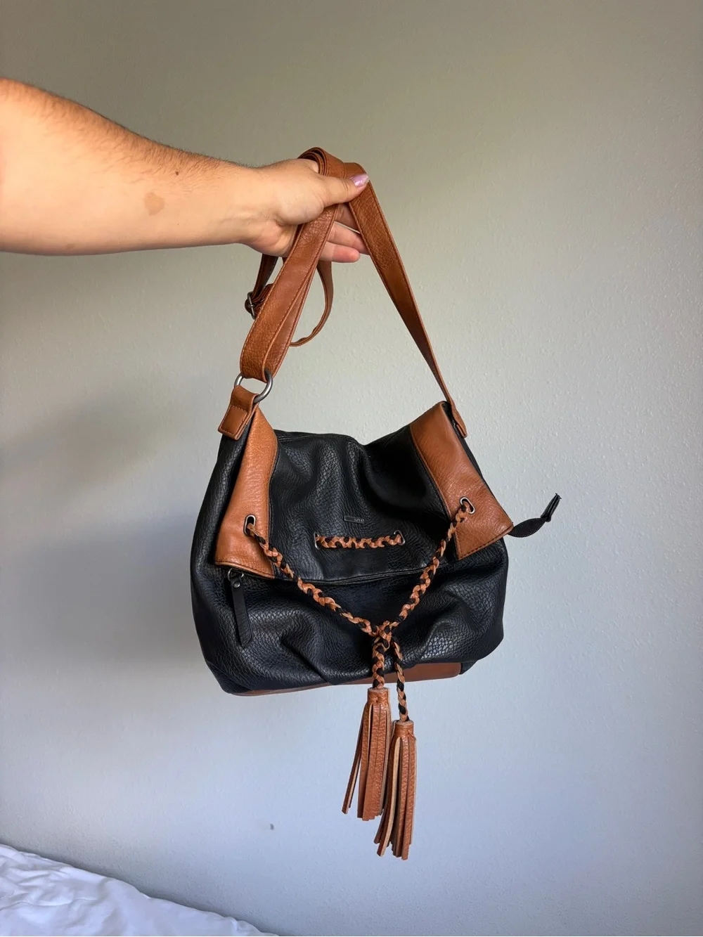 Roxy Black and Brown Braided Tassel Hobo Bag